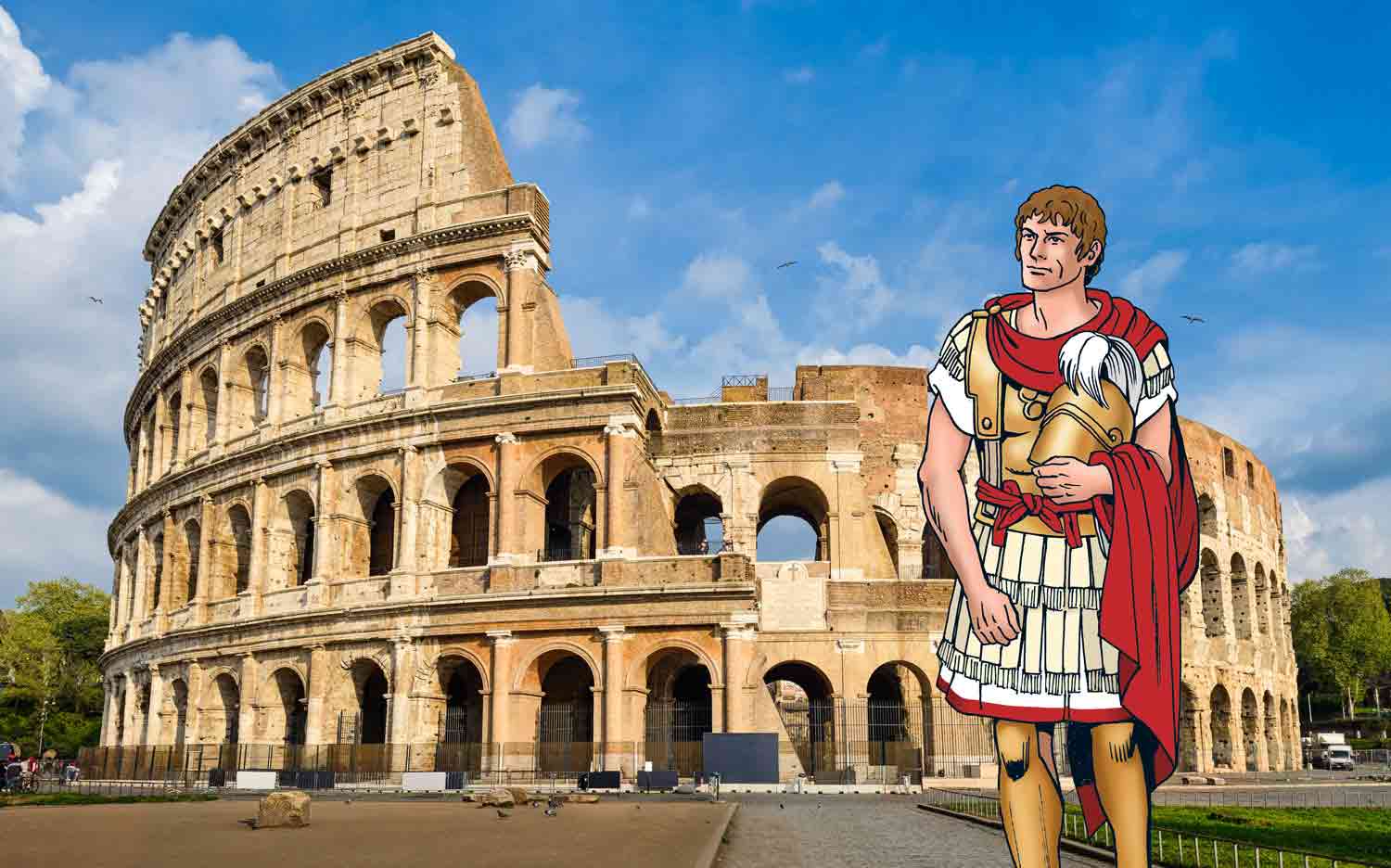 A cartoon gladiator stands in front of a photo of the ruins of the Colosseum.
