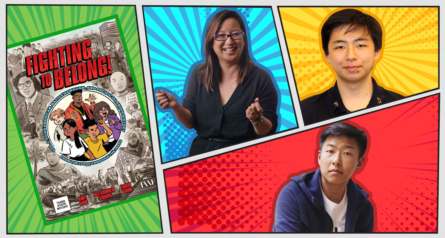 The cover of Fighting to Belong is next to headshots of Amy Chu, Alexander Chang, and Louie Chin.