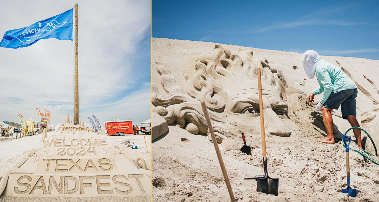 The words Texas SandFest 2024 carved into sand and an artist sculpting a man’s face in sand.