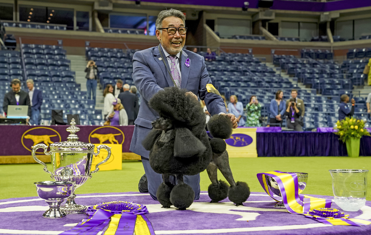 A man in an arena kneels behind a groomed black poodle and next to a trophy and ribbons.