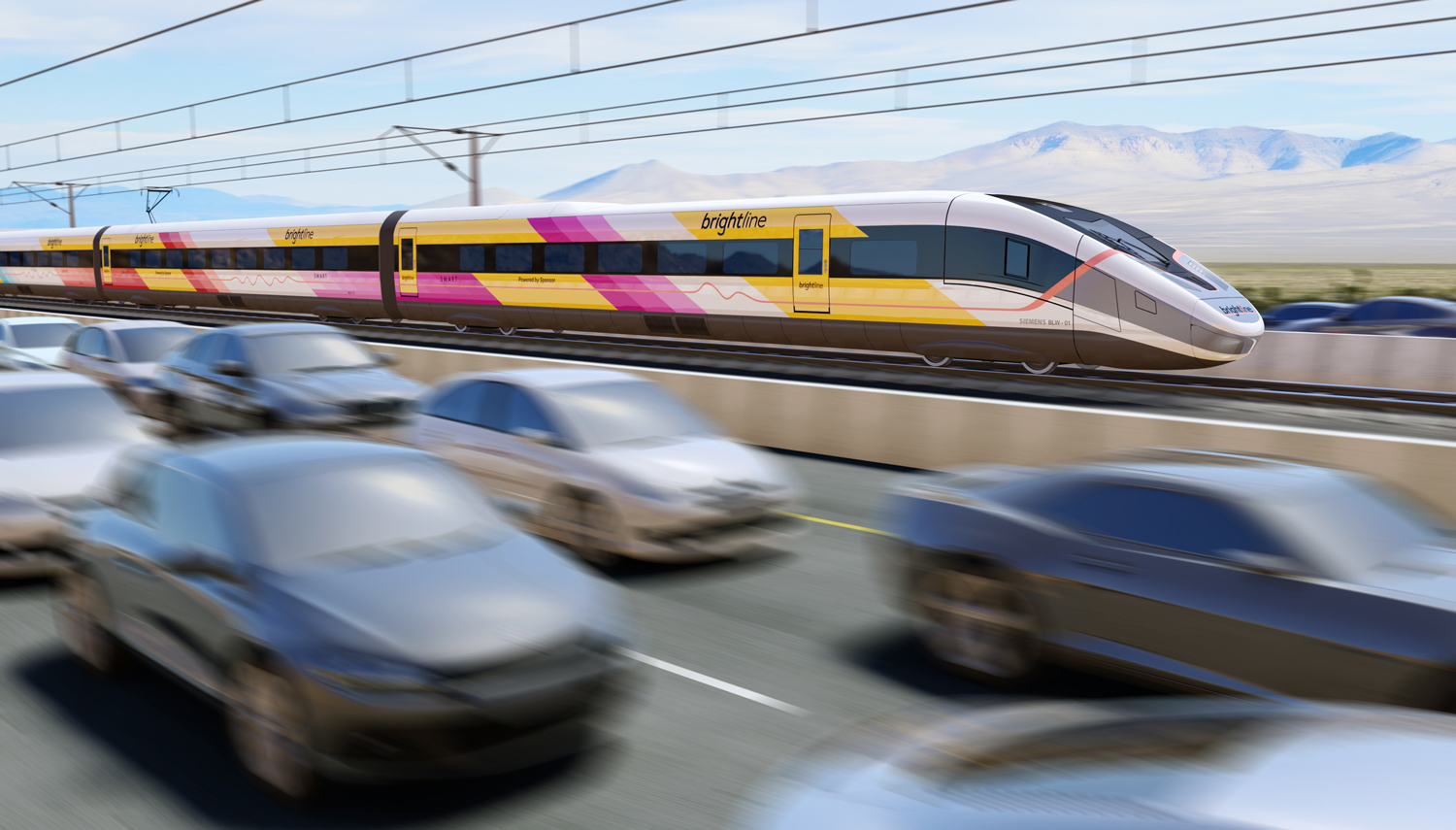 A moving train on a track between two directions of a busy highway