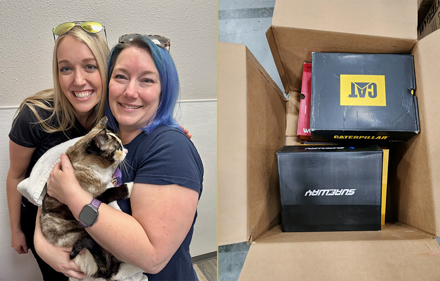 Two women pose with one holding a cat in a towel and an Amazon shipping box contains shoeboxes.