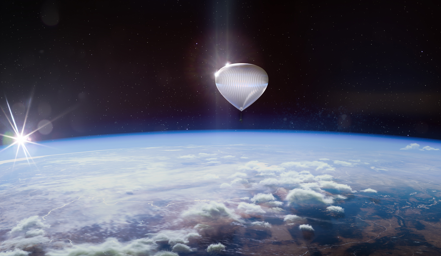 A stratospheric hot air balloon is in space with Earth visible below.