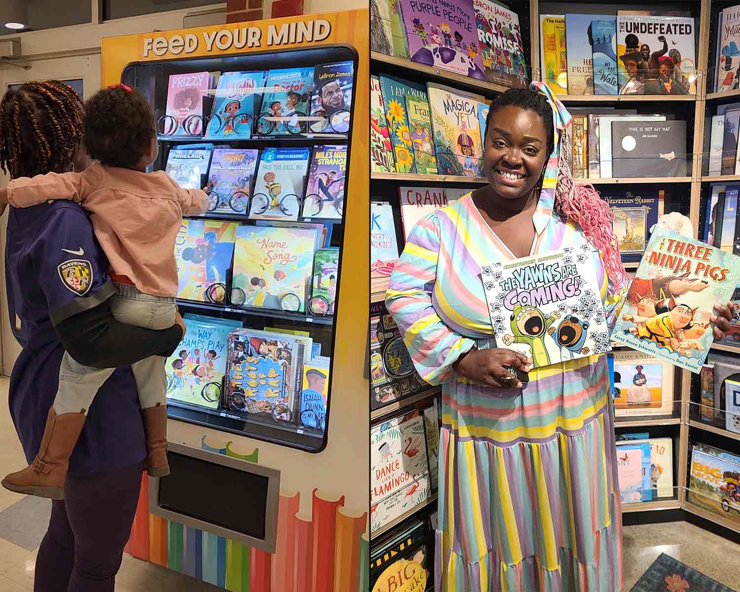 Side by side of a woman and young child looking at a book vending machine and Storybook Maze posing in front of bookshelves.