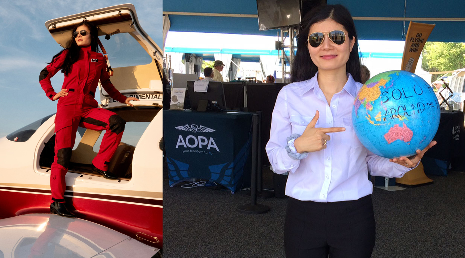 Side by side photos of Anh-Thu Nguyen posing in front of a small plane and holding a globe that says solo around the world.