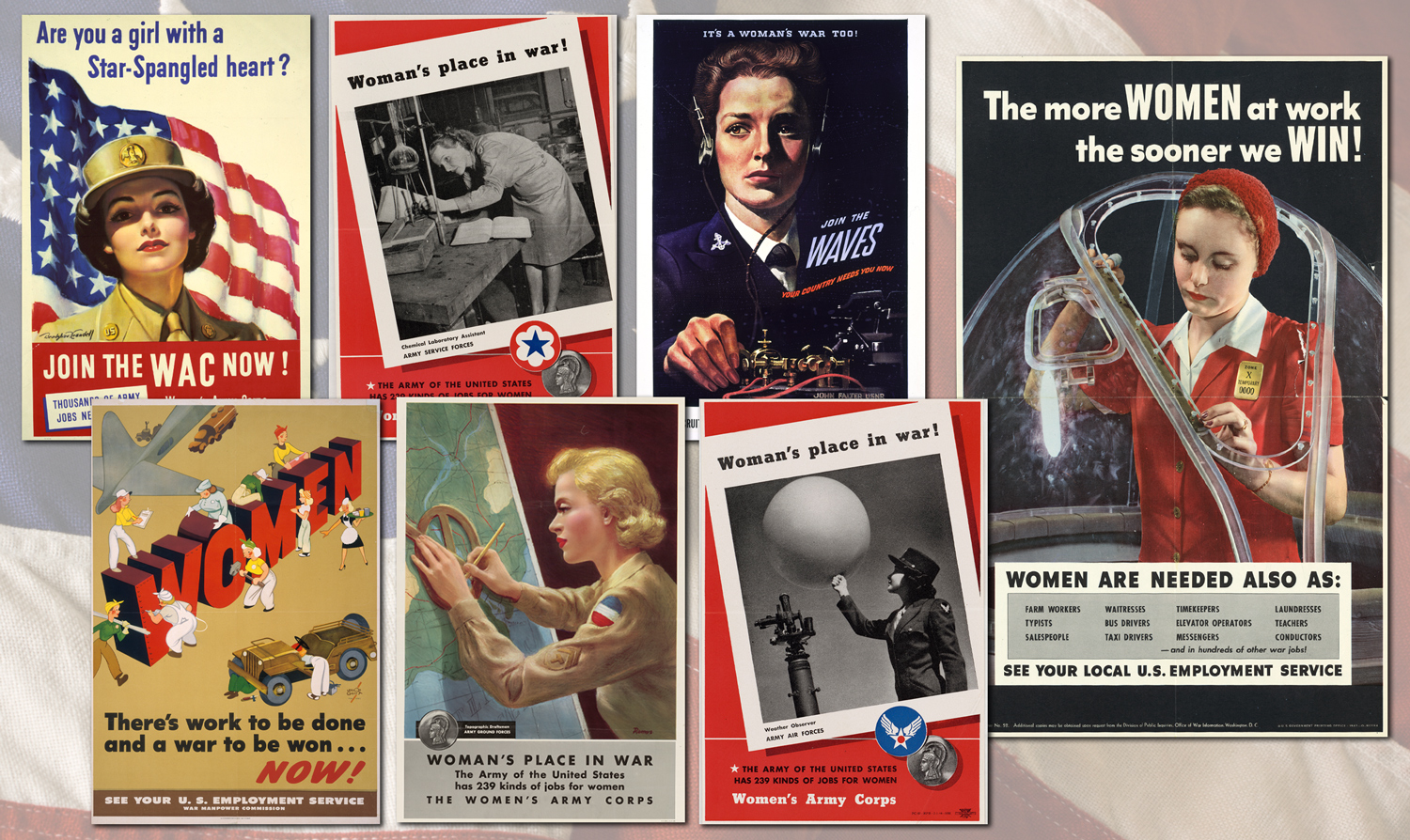 Seven World War II posters urging women to join the war effort