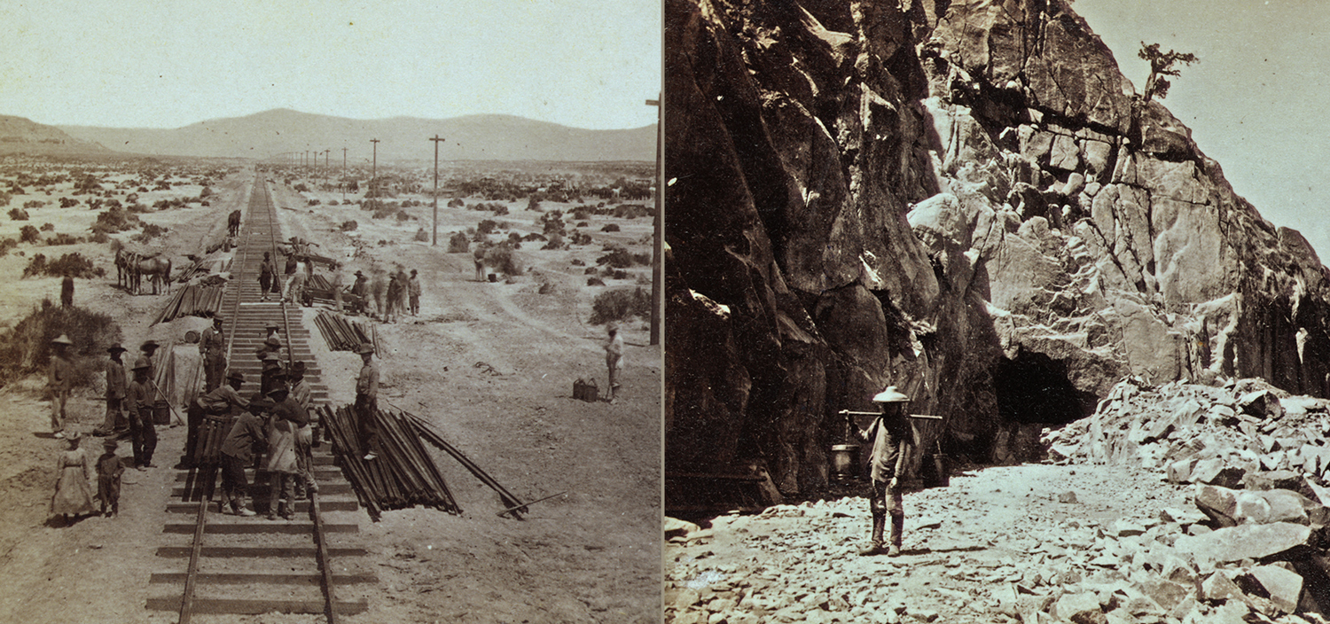 Side by side images of 19th century Chinese workers on railroad tracks and a Chinese worker outside of a tunnel.