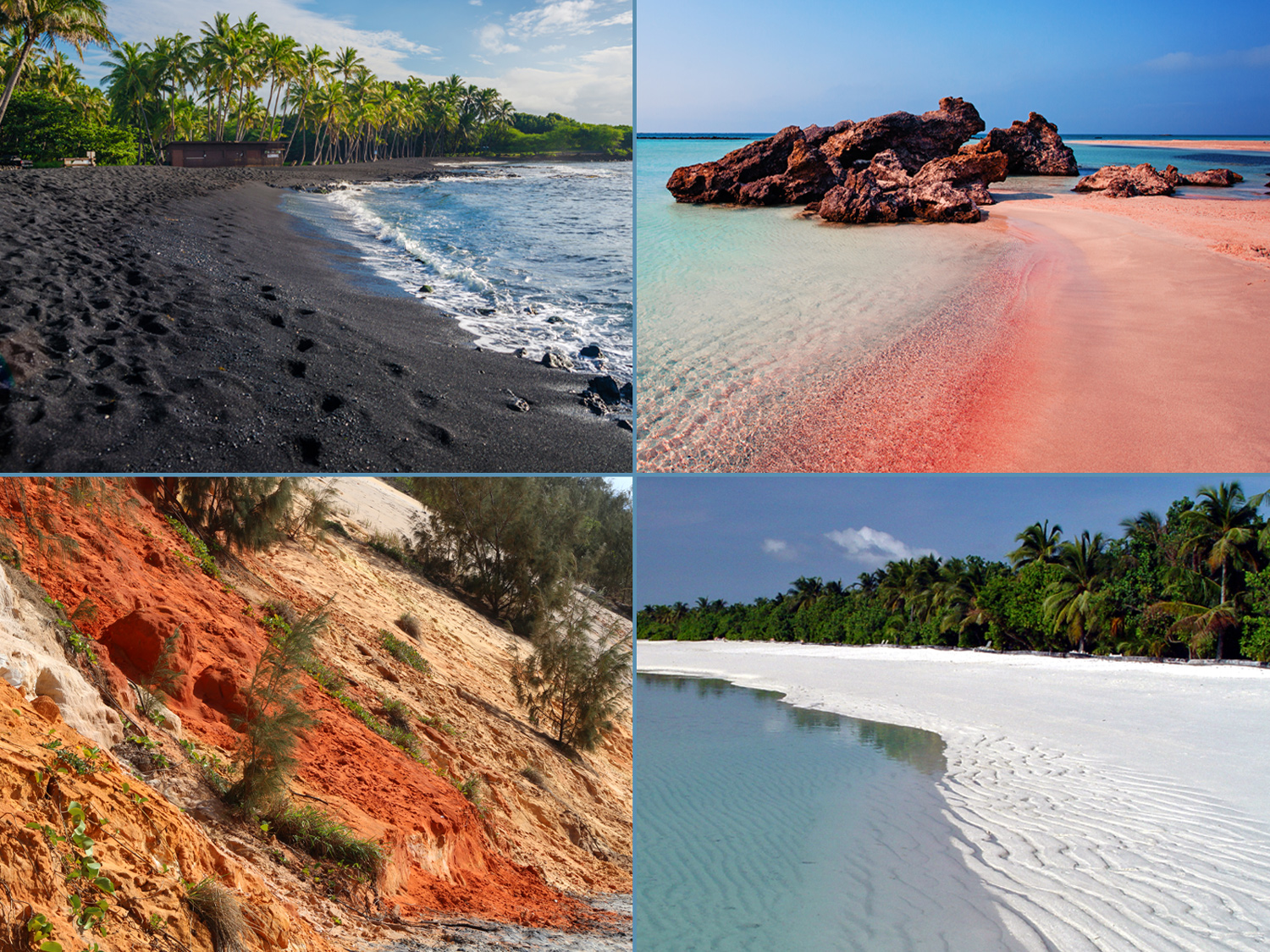 White, black, red, and multicolored sand at beaches.