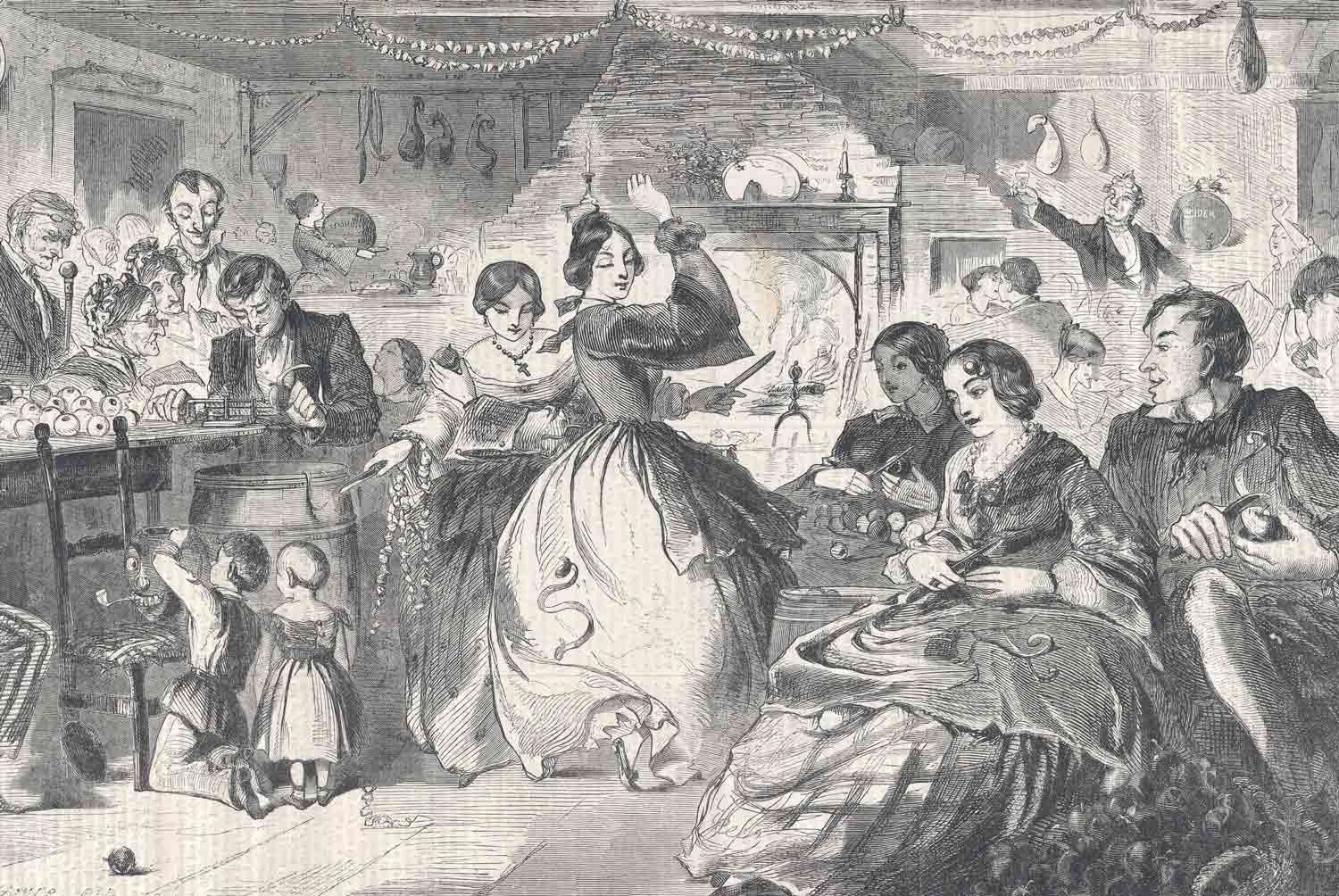 Men, women, and children in 19th century clothing are in a room peeling and coring apples and dancing.