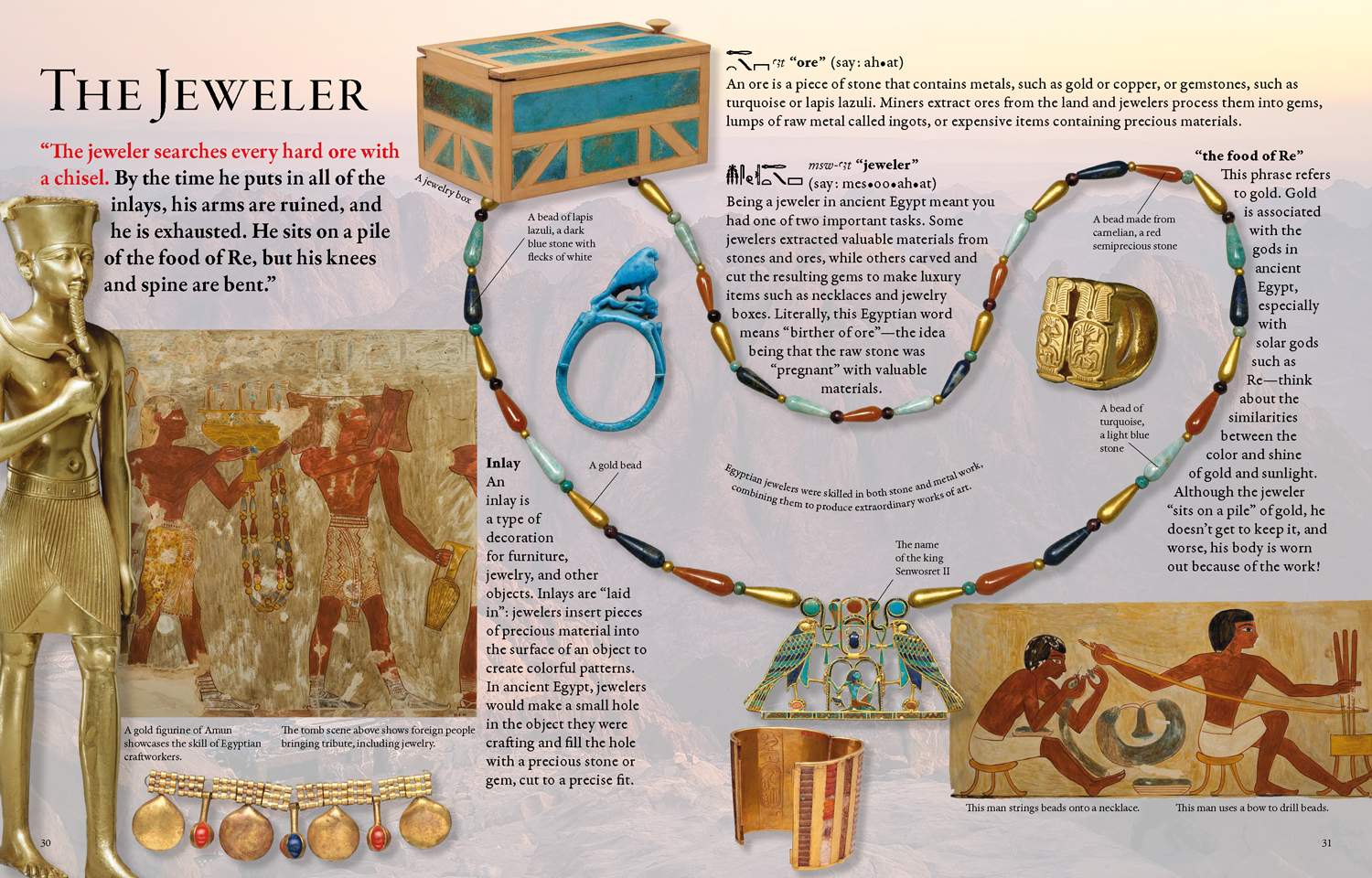 A page from Be a Scribe called The Jeweler includes text and images of related Egyptian objects.