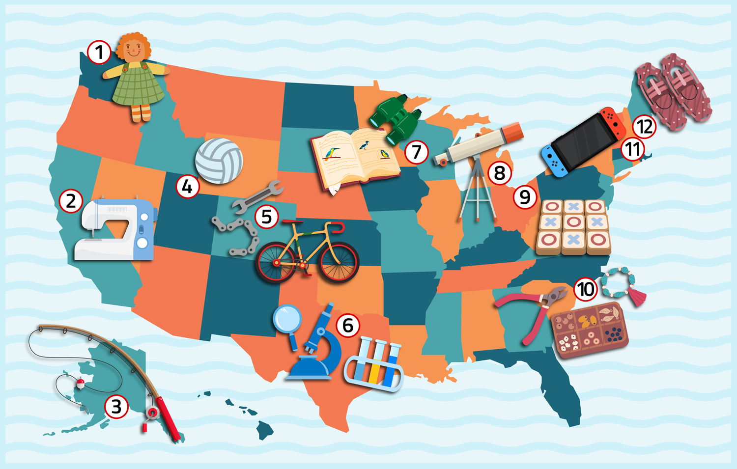 A US map with illustrations of objects placed in different locations.