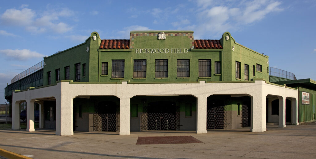 Exterior of a stadium called Rickwood Field.
