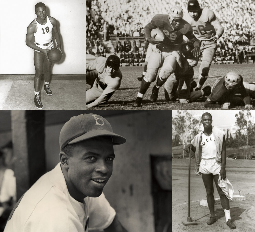 Jackie Robinson holding a basketball, playing football, posing in his baseball uniform, and posing in his track uniform.