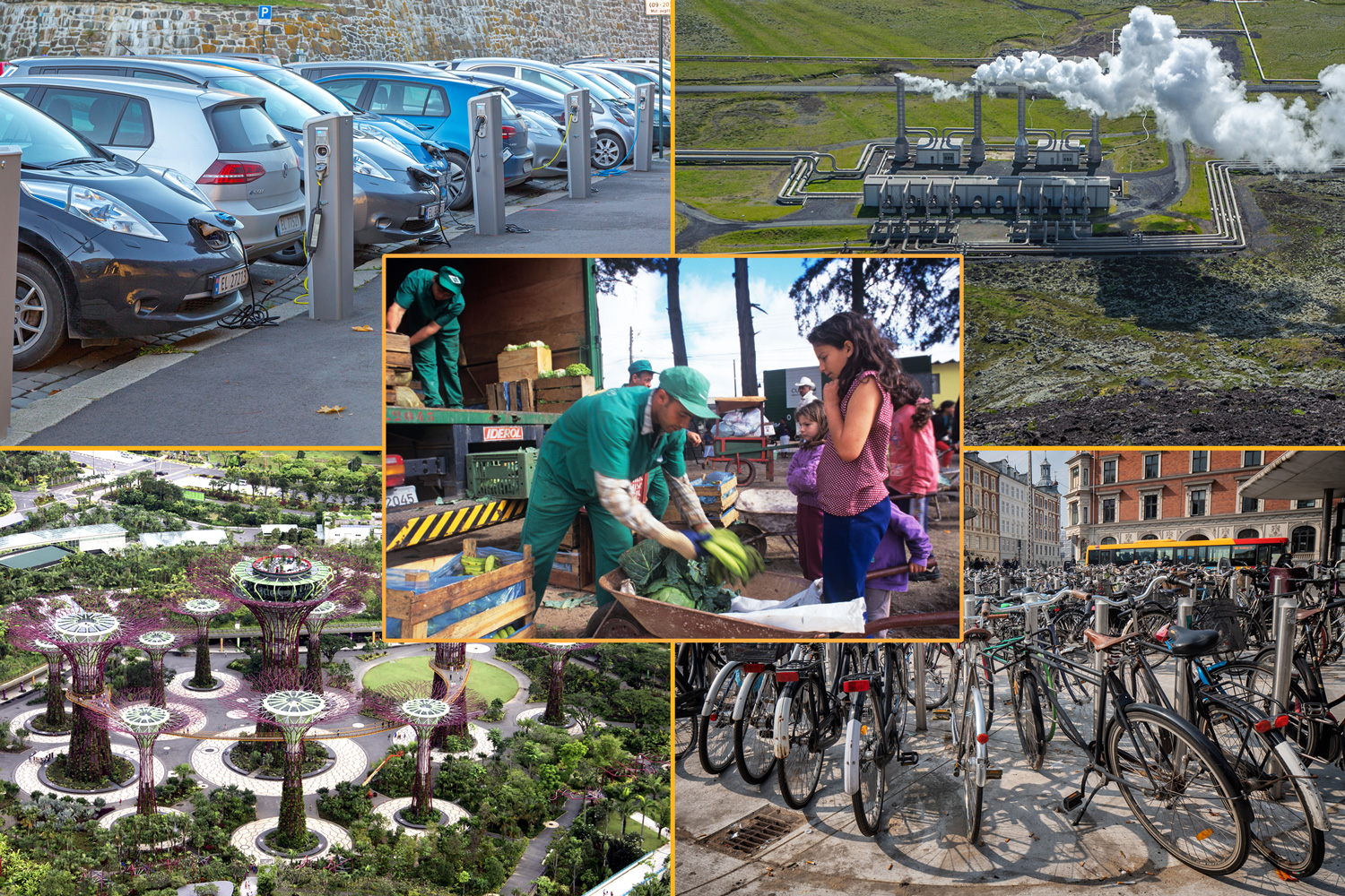 Plugged in electric cars, a geothermal plant, bikes at a bike rack, artificial trees in Singapore, and residents exchanging recyclables for produce.