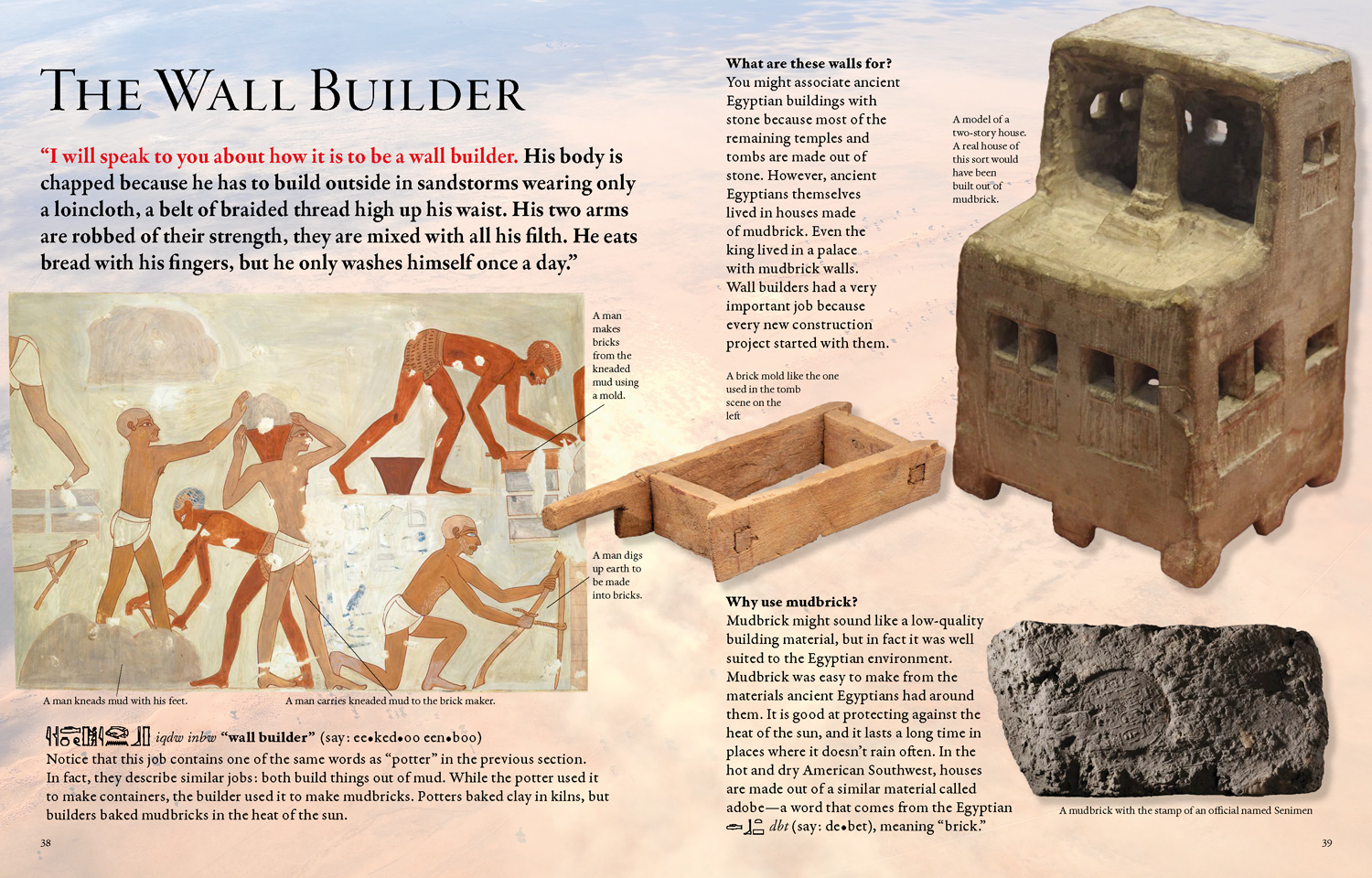 A page from Be a Scribe called The Wall Builder includes text and images of related Egyptian objects.