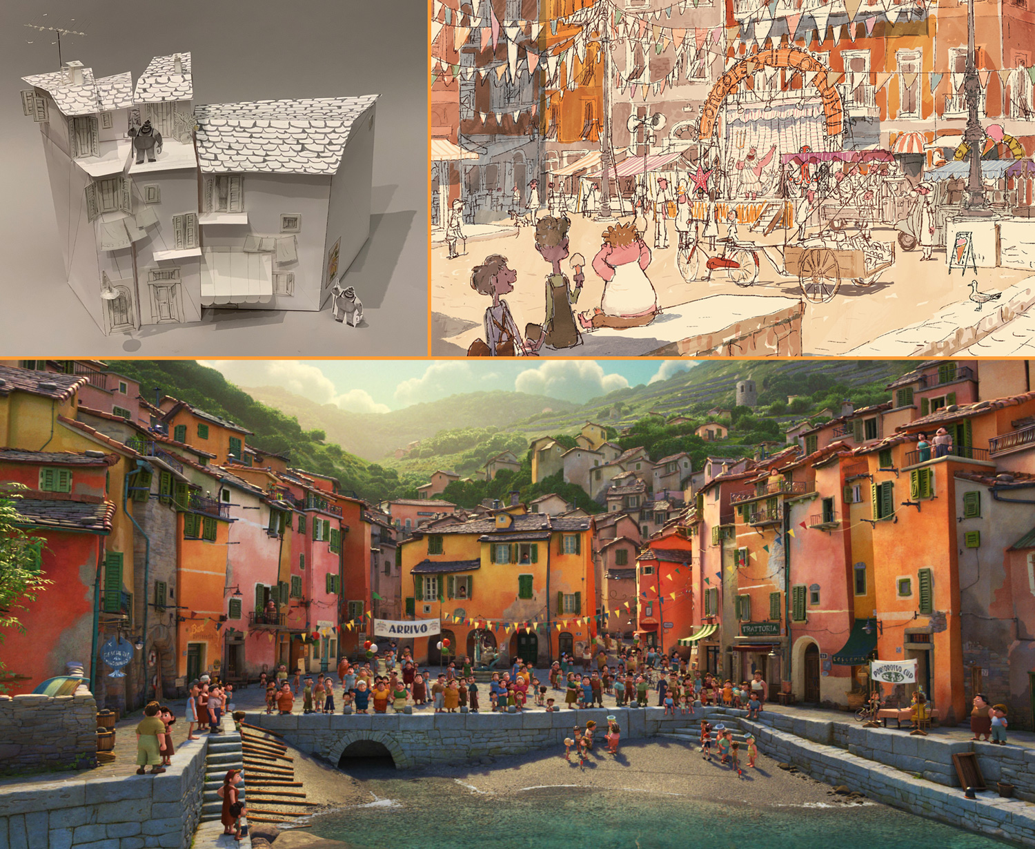 A 3D model of a scene from the movie Luca, an illustration, and a still from the finished animation.