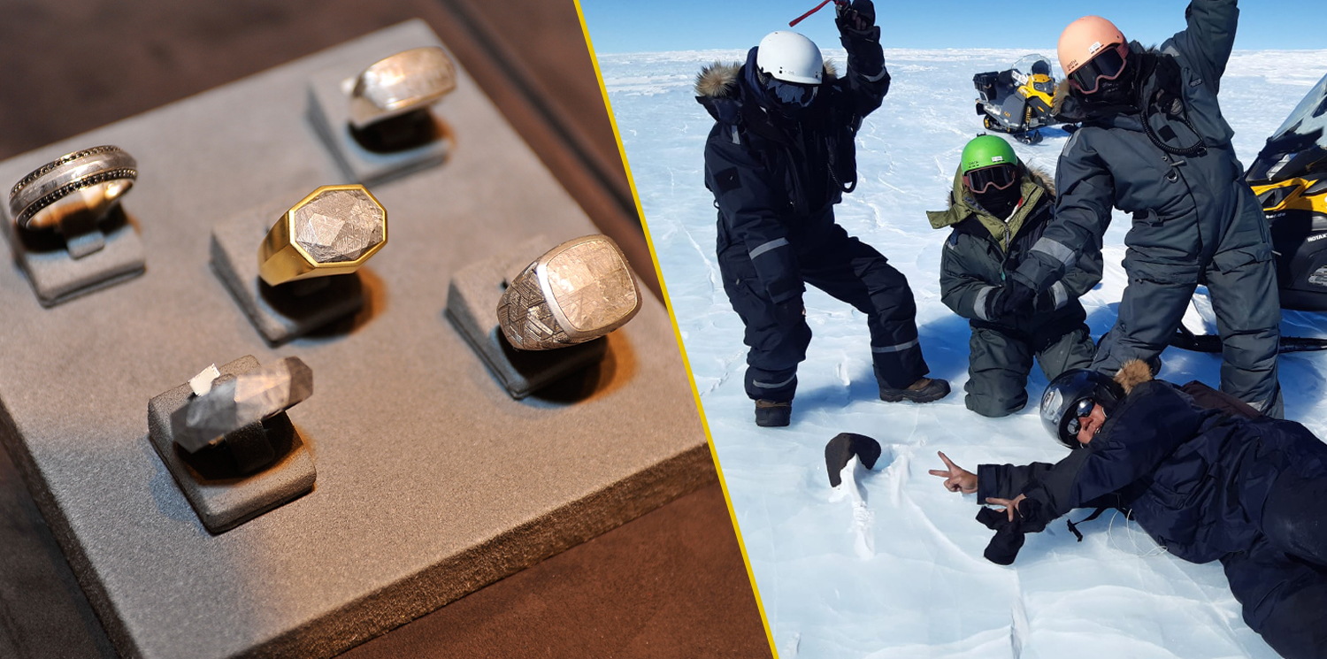 Five meteorite rings are on display and four people in snowsuits on a snowy landscape pose next to a meteorite.