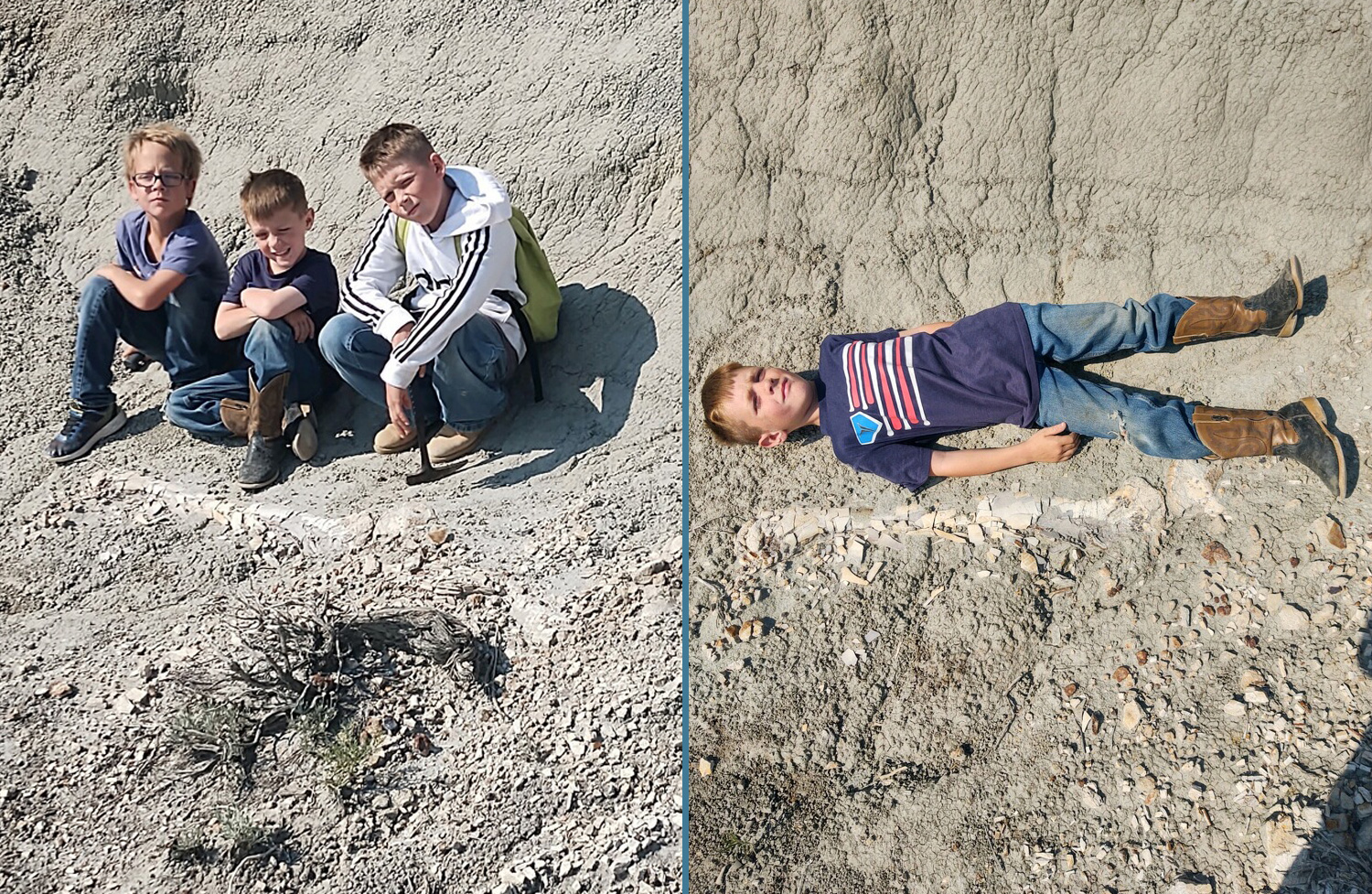 Side by side images show three boys posing with a broken up white fossil and one of the boys posing alone with the same fossil.