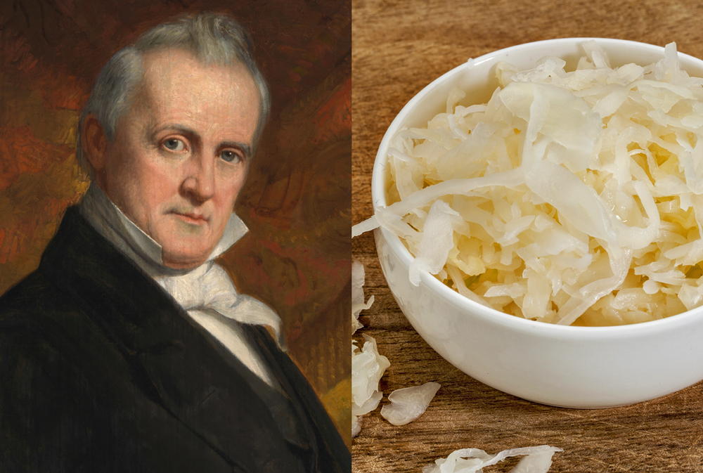 A portrait of James Buchanan beside a photo of a bowl of sauerkraut.