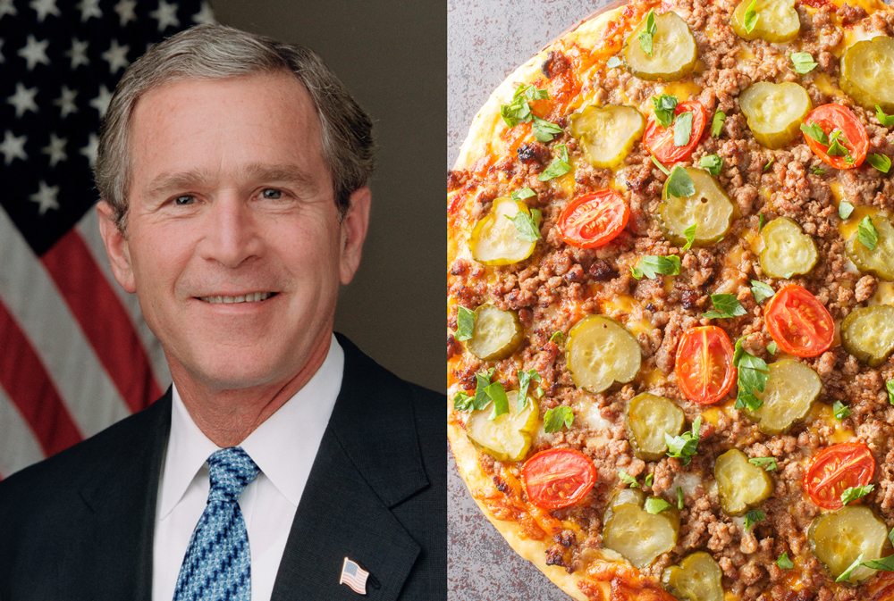 A photo of George W. Bush next to a photo of cheeseburger pizza.