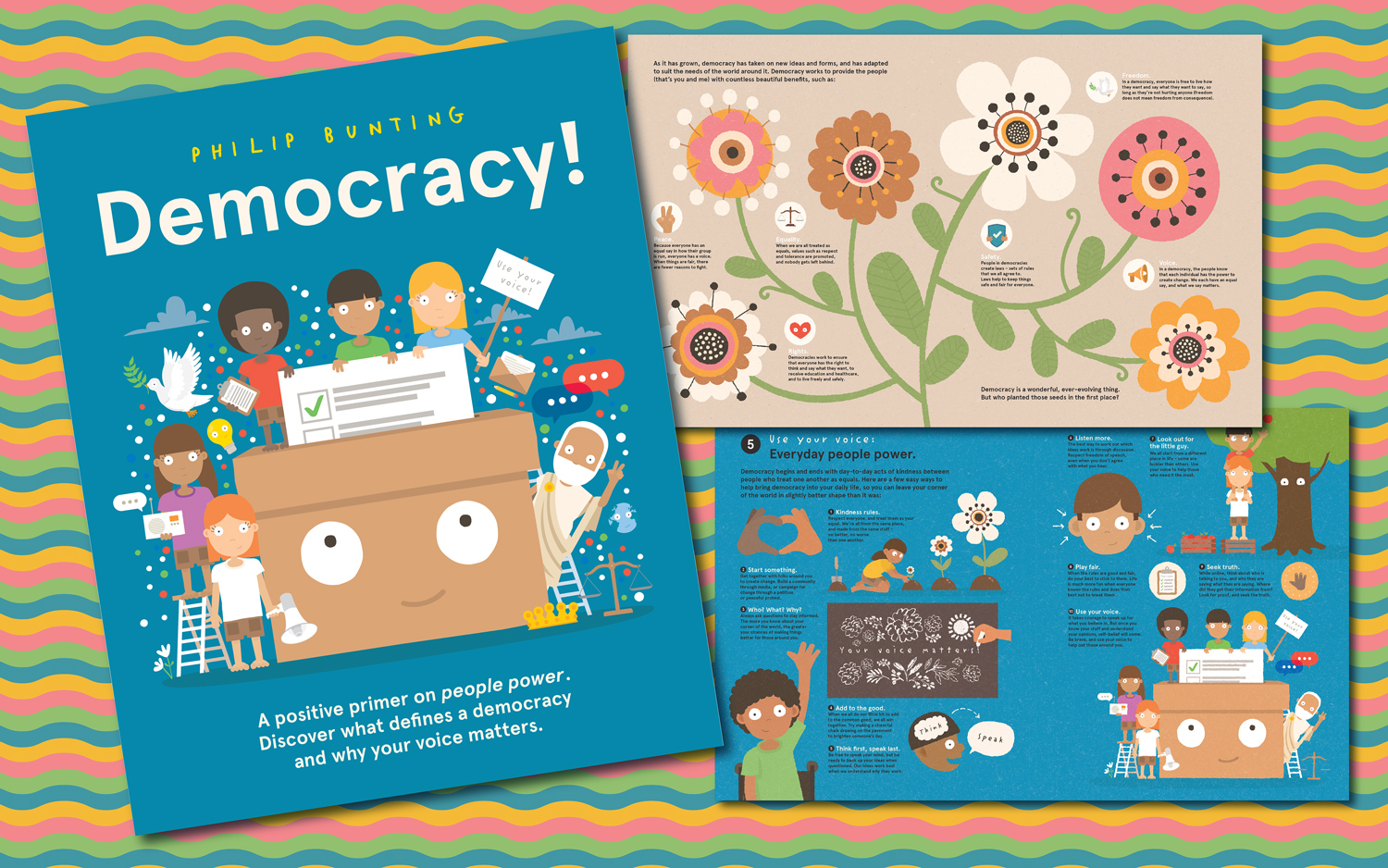 The cover of a book called Democracy along with two of its interior pages.