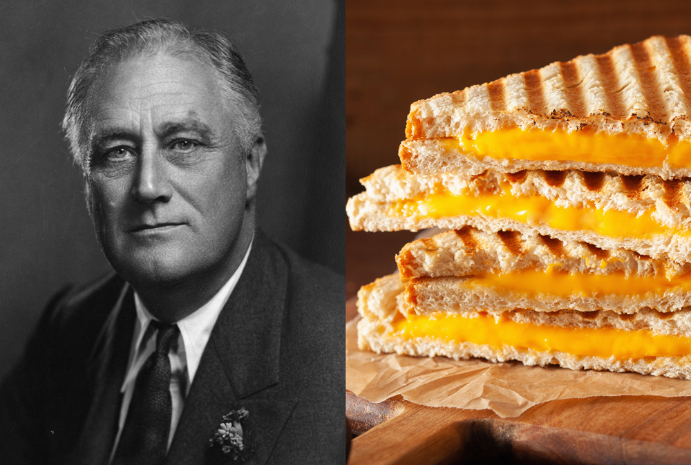 A photo of Franklin Roosevelt next to a photo of a grilled cheese sandwich.