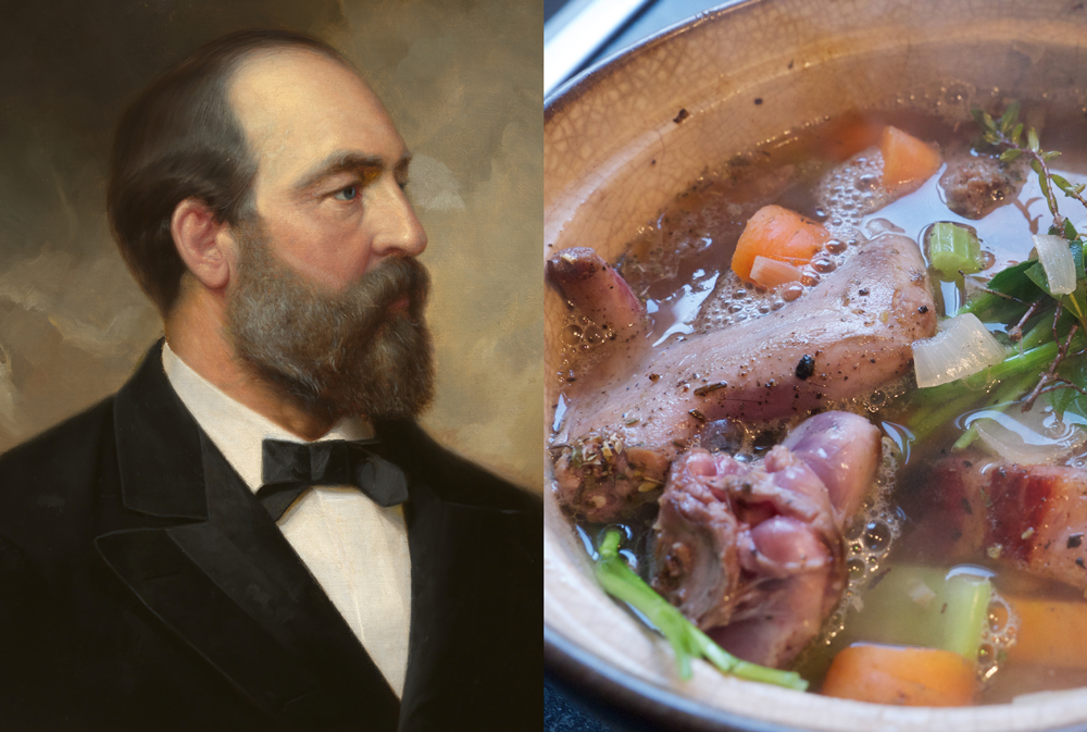 A portrait of James Garfield beside a photo of squirrel soup.