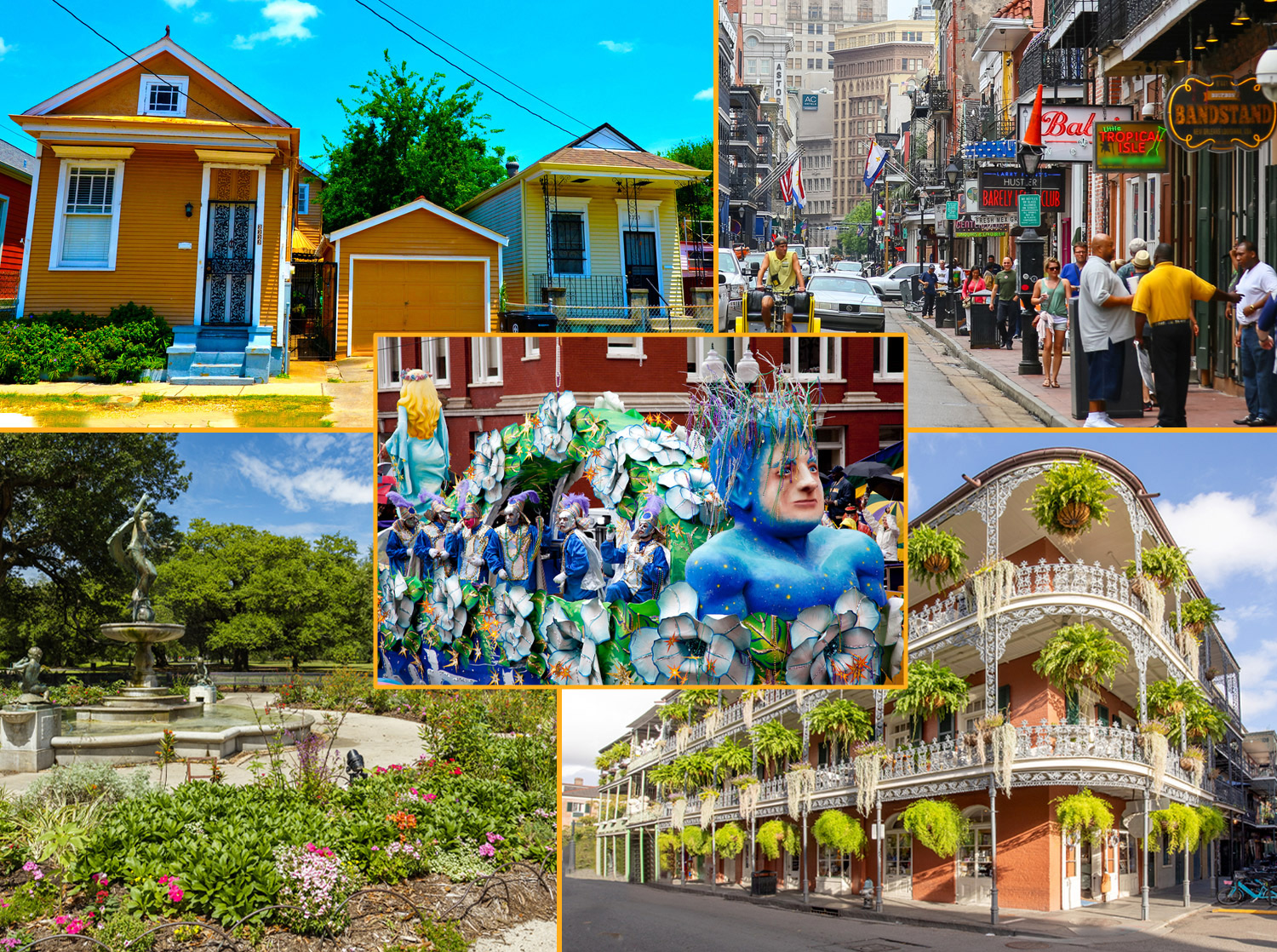 Scenes from New Orleans include houses, a building with an ornate balcony, Bourbon Street, and a Mardi Gras float.