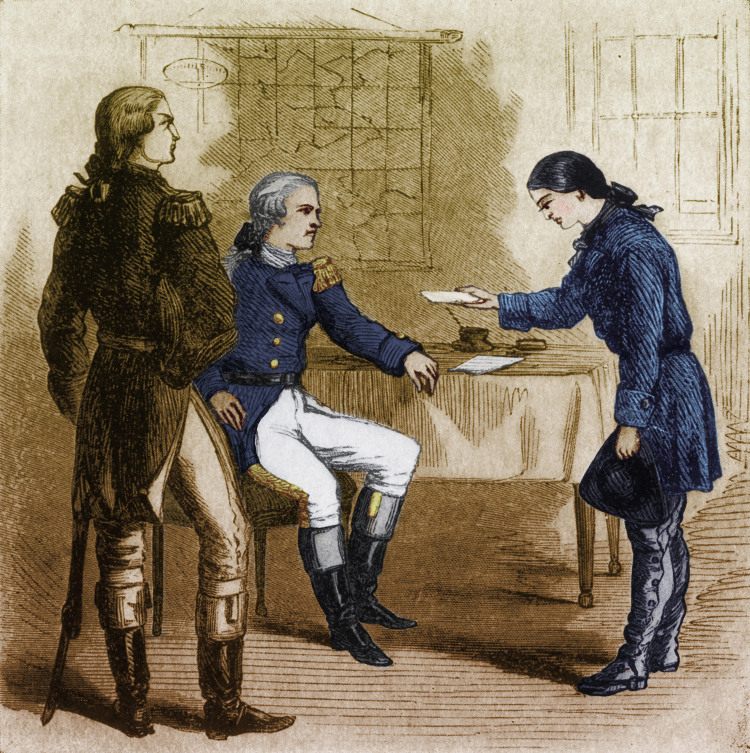 Deborah Samson, disguised in a military uniform, hands a paper to a seated George Washington.