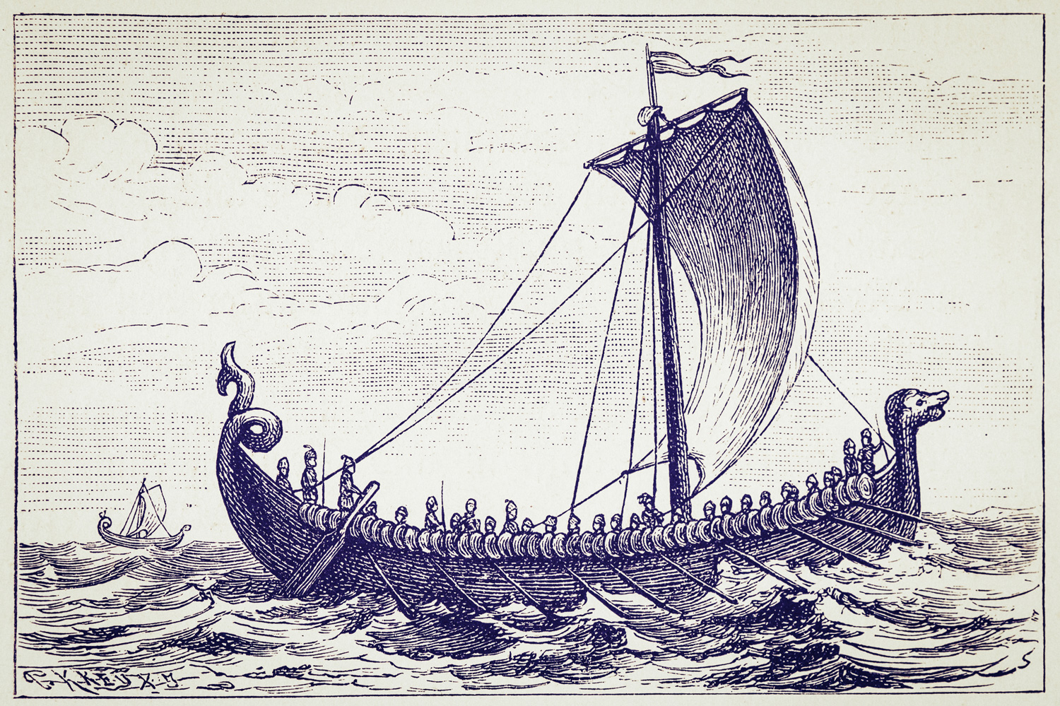 A black and white etching of a Viking ship on the sea with a sail and many oars.