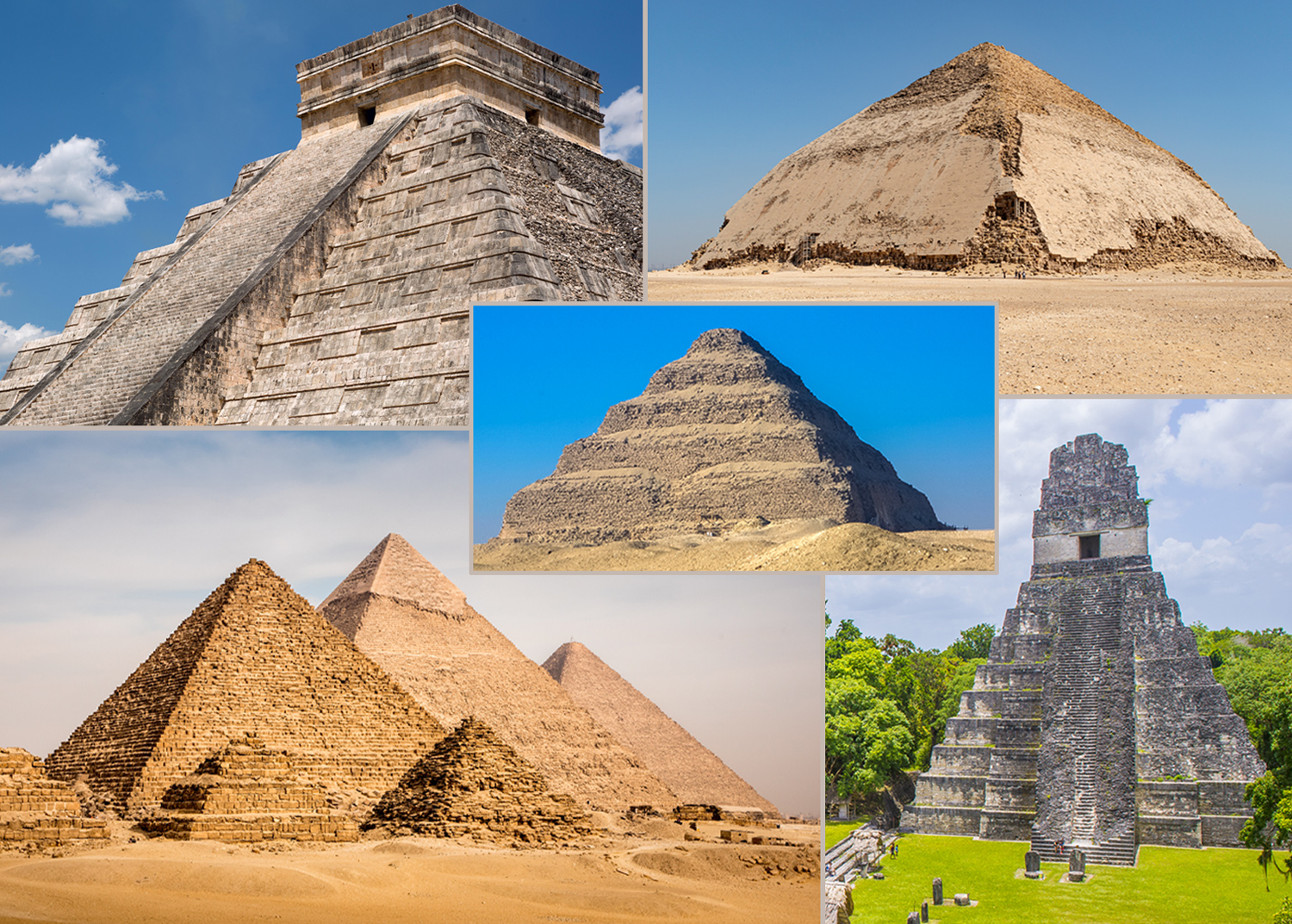 A collage of five images shows pyramids from different civilizations.