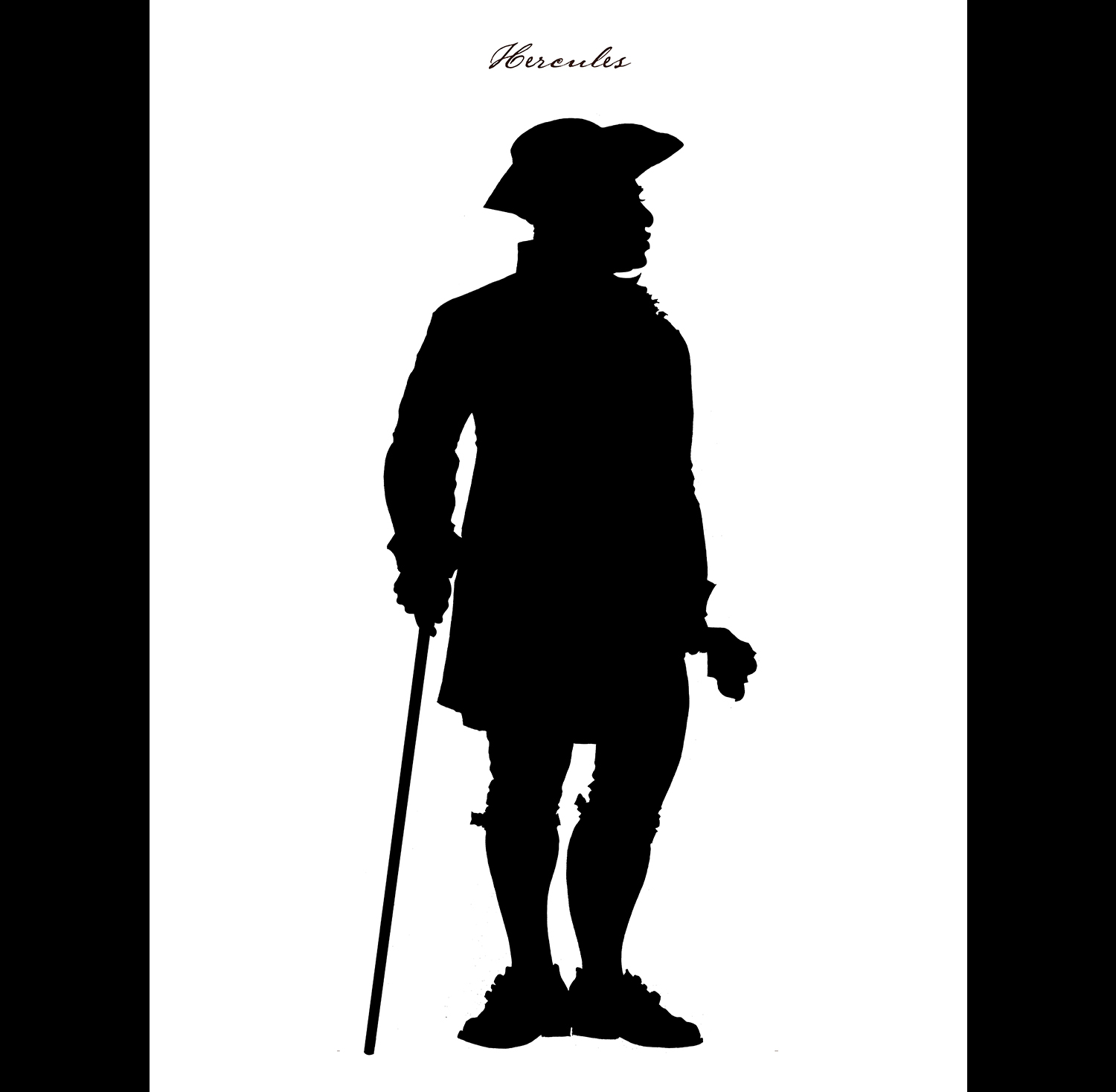 A silhouette of Hercules Posey wearing 18th century clothing and holding a walking stick.