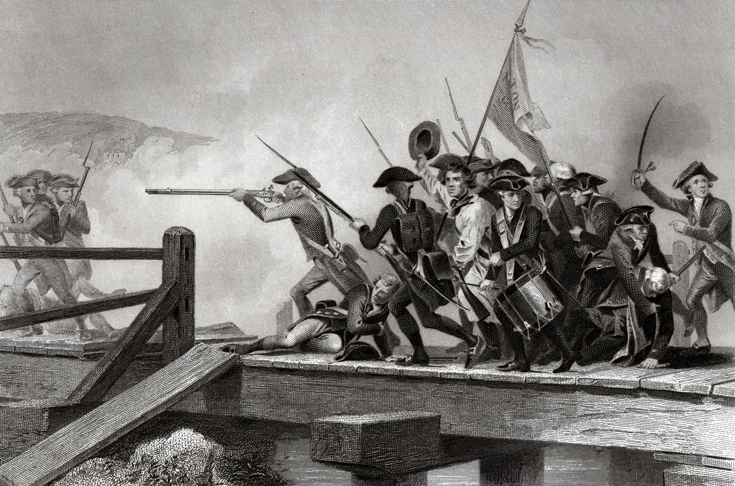 Men dressed in 18th century clothing stand on a bridge during a battle. Some are holding weapons while one plays a drum and another holds up a flag.