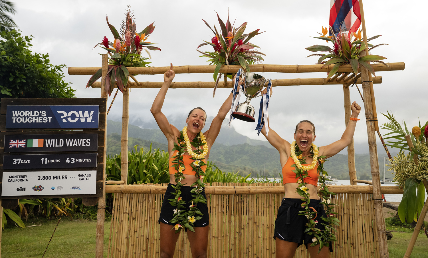 Jessica Oliver and Charlotte Harris hold up a trophy next to a sign that says World’s Toughest Row with mountains and palms in the background.