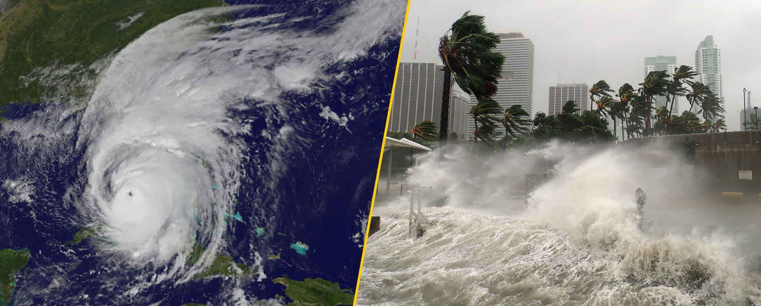 Side by side images of a hurricane satellite image and the waves from that hurricane crashing onto land with palm trees blowing.