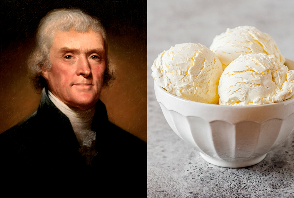 A portrait of Thomas Jefferson beside a photo of a bowl of vanilla ice cream.