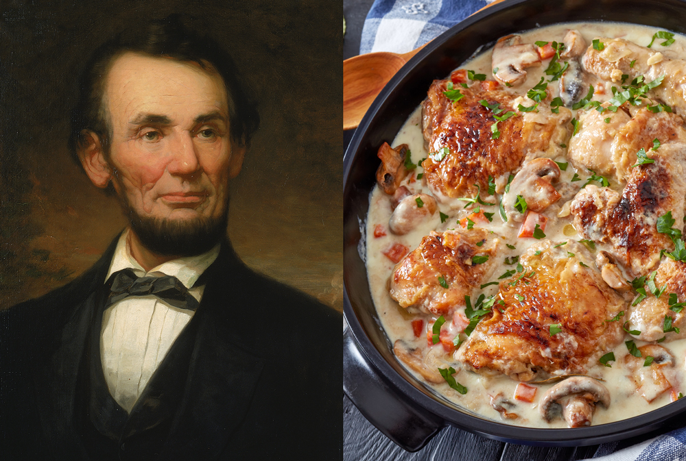 A painting of Abraham Lincoln next to a photo of a pot of chicken fricassee.