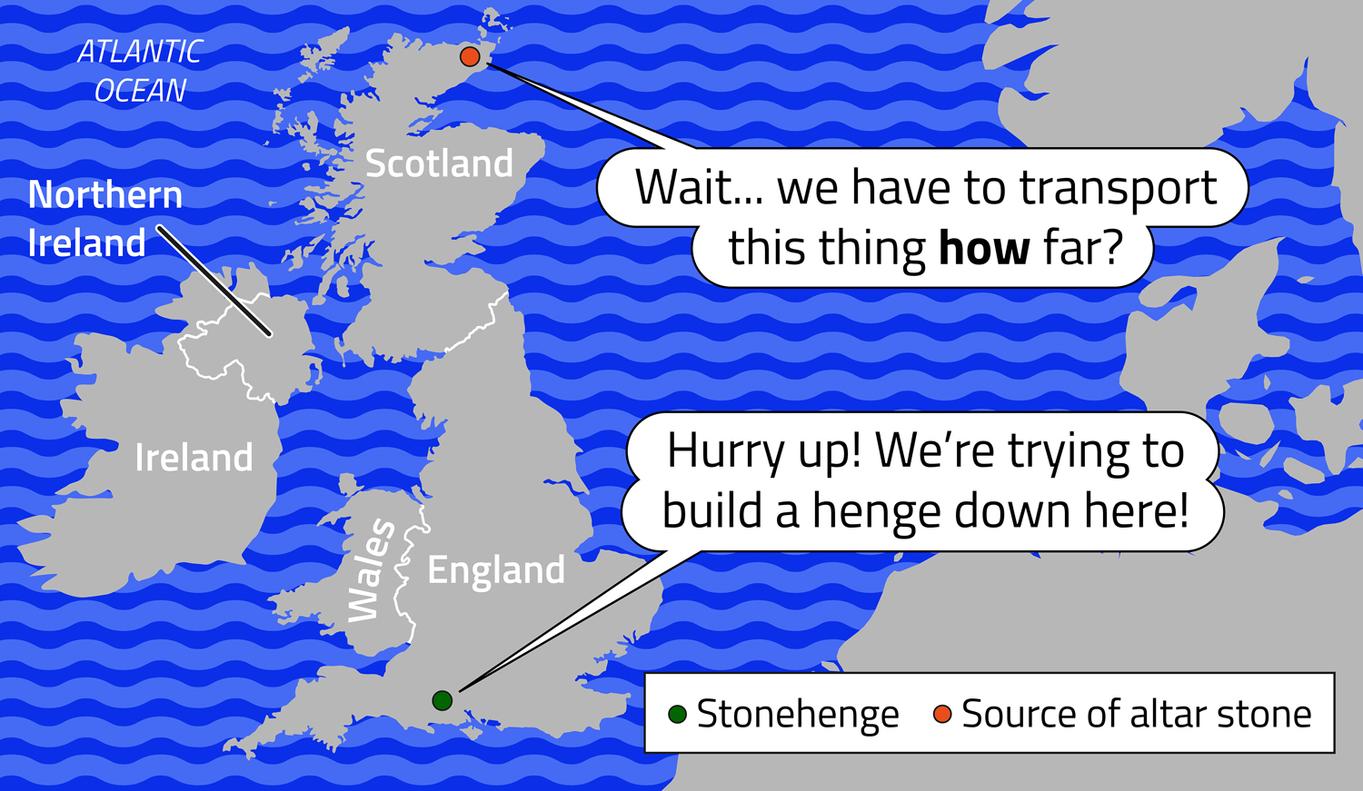 A map with England, Scotland, Ireland, Northern Ireland, and Wales labeled, along with the locations of the altar stone and Stonehenge.