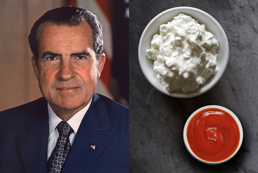 A photo of Richard Nixon next to a photo showing a bowl of cottage cheese and a bowl of ketchup.