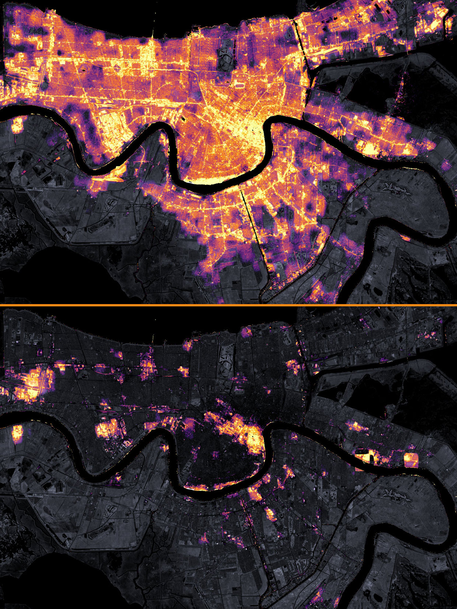 Two satellite images of New Orleans, one with many lights and one with few lights.