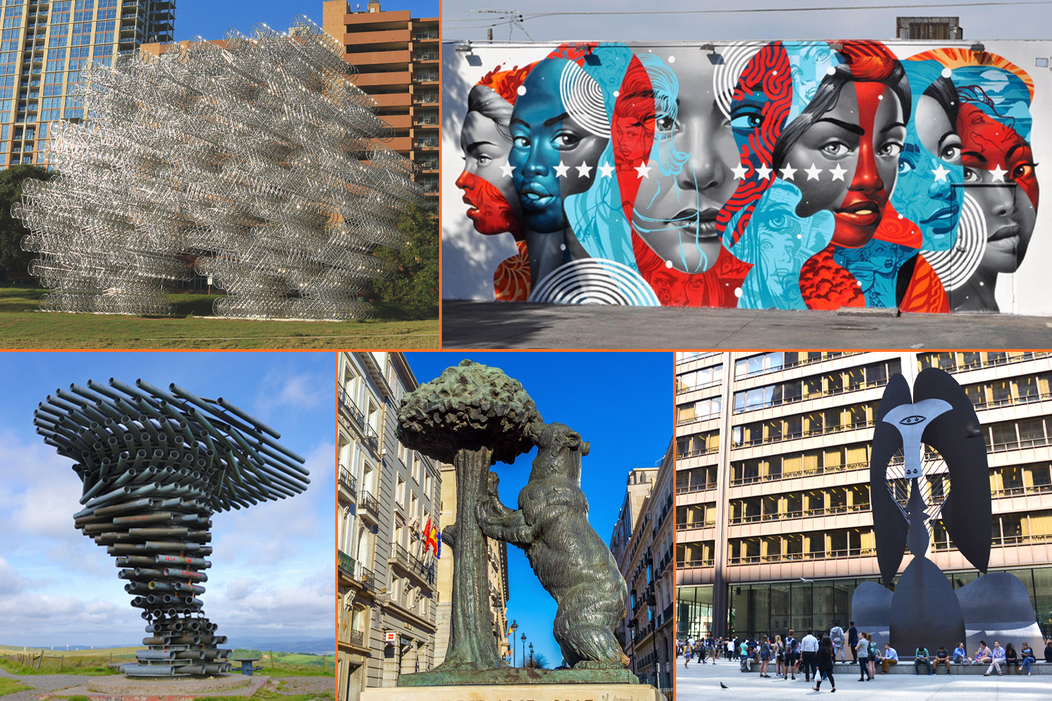 Examples of public art include a mural on the side of a building and four large outdoor sculptures.