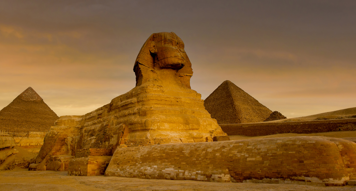 A view of the Great Sphinx at sunset.