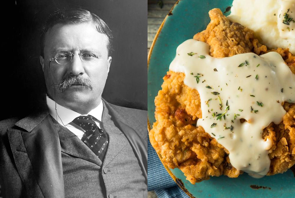 A portrait of Theodore Roosevelt beside a photo of fried chicken with white gravy.