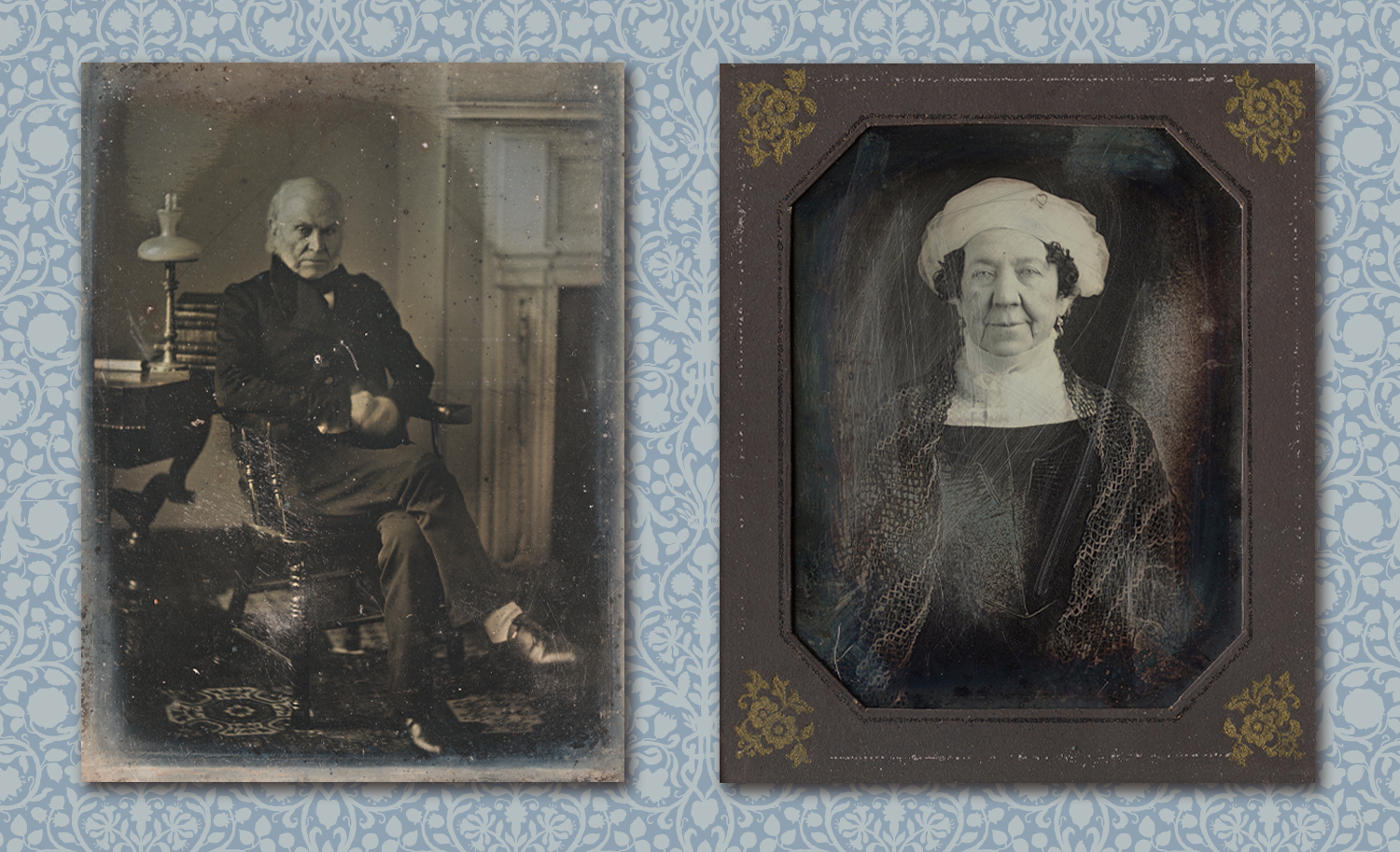 Side by side black and white portraits of John Quincy Adams and Dolley Madison.