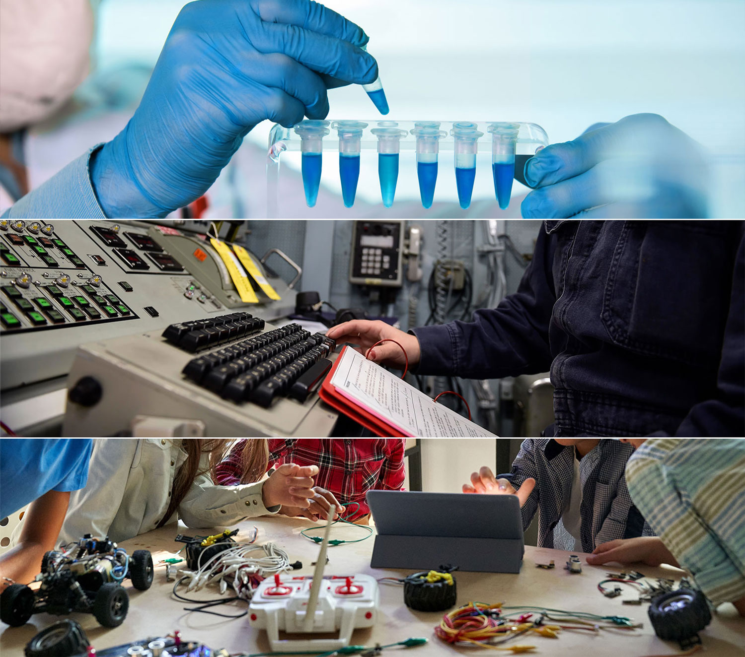 Three photos show chemicals being mixed, a person inputting something into machinery, and children building robotics.