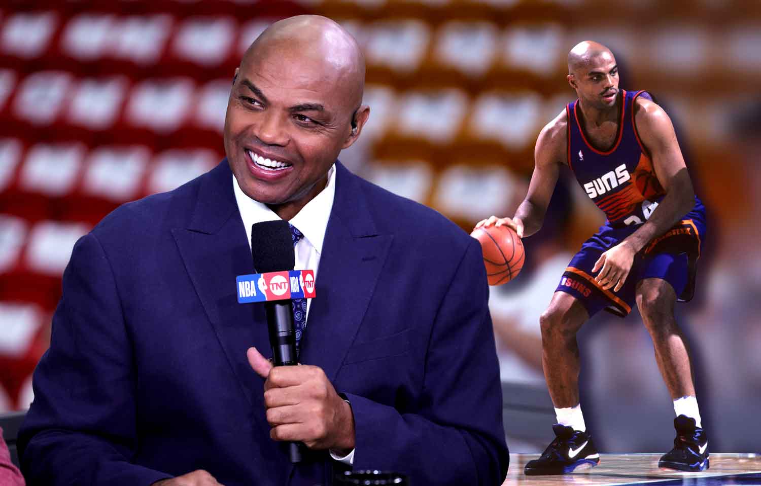 Charles Barkley holding a microphone as a commentator and the younger Barkley in uniform dribbling a basketball.