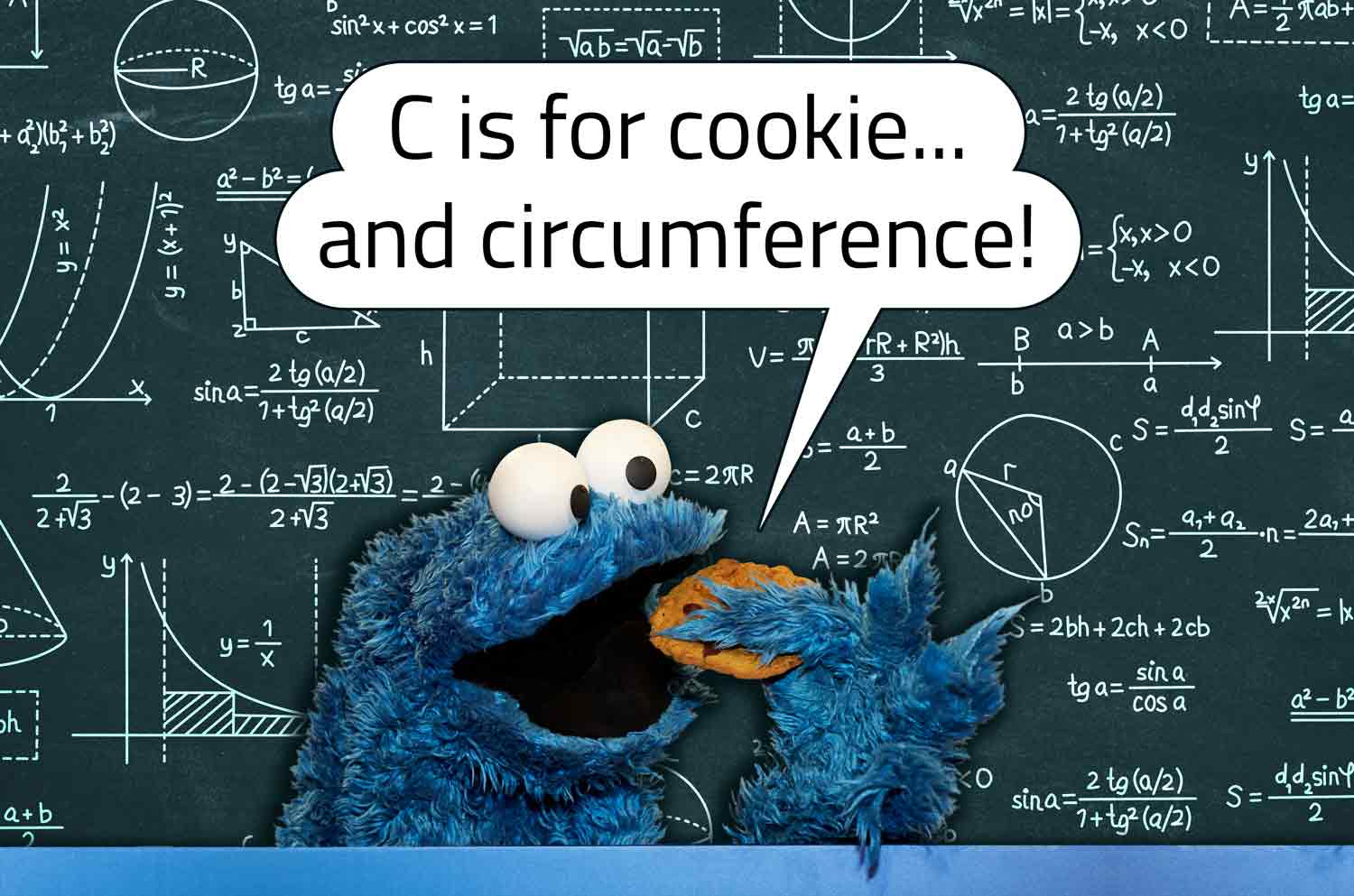 Cookie Monster eats a cookie as he says C is for cookie and circumference in front of a blackboard full of equations