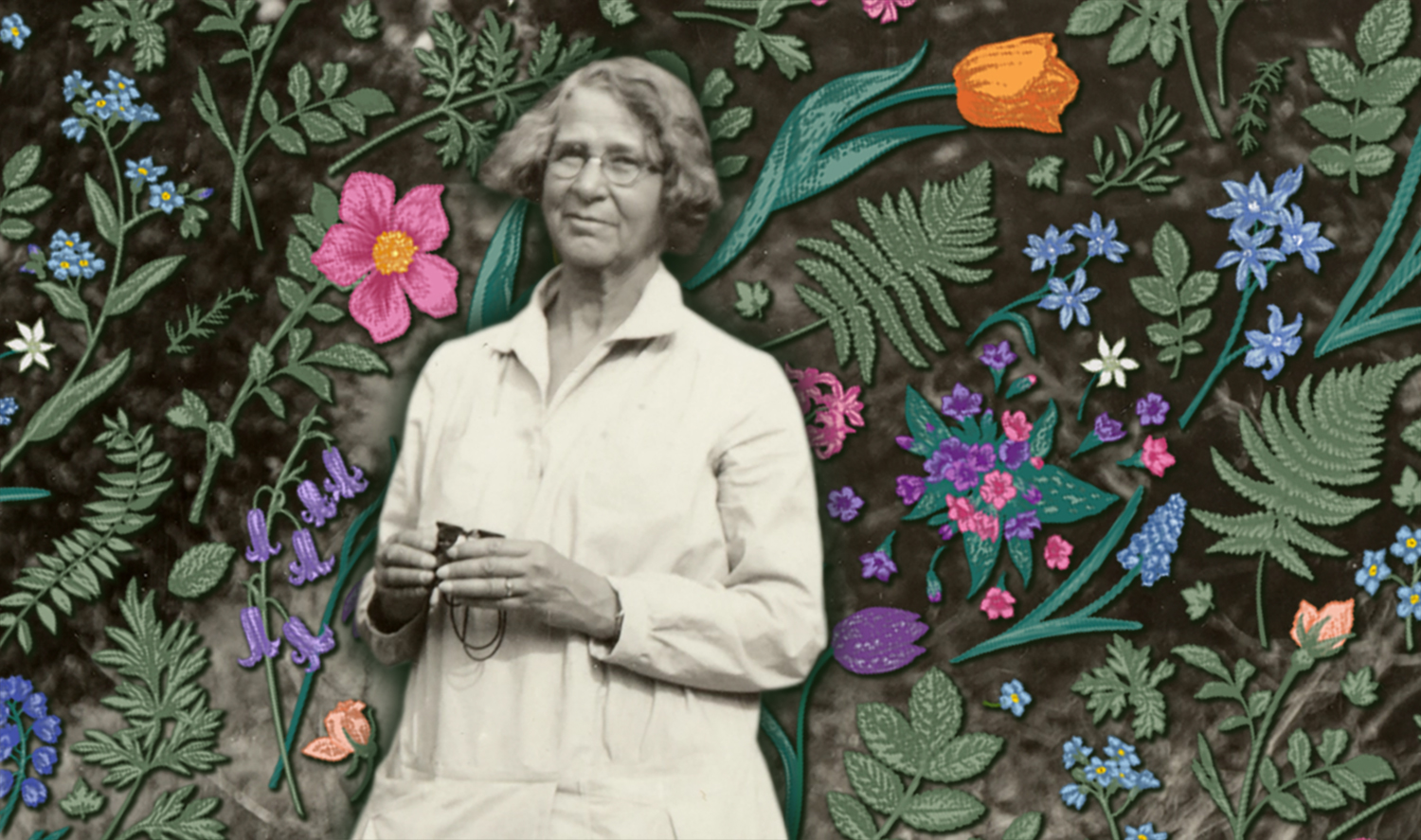 Ynes Mexia smiling and holding binoculars with a botanical pattern behind her.