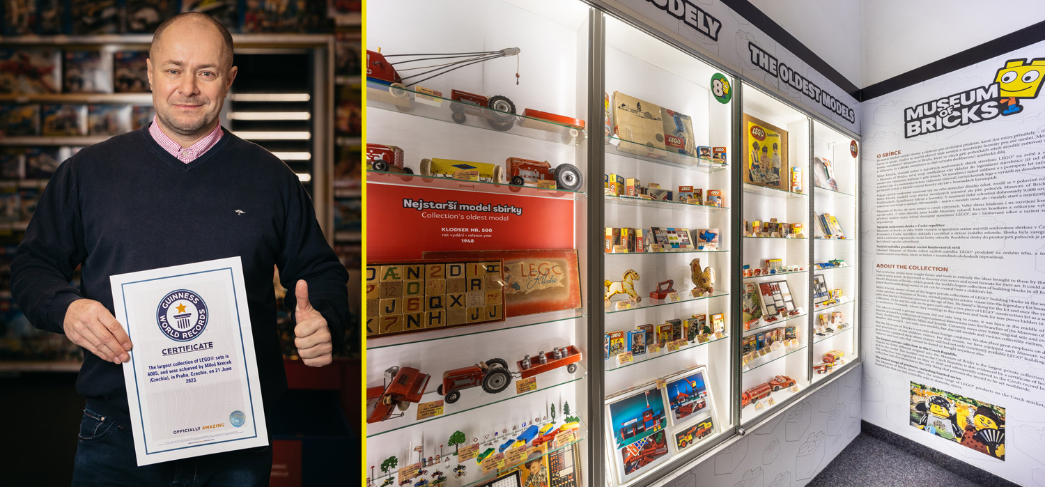 Miloš Křeček holds up his certificate from Guinness World Records and display cases at the Museum of Bricks are shown.