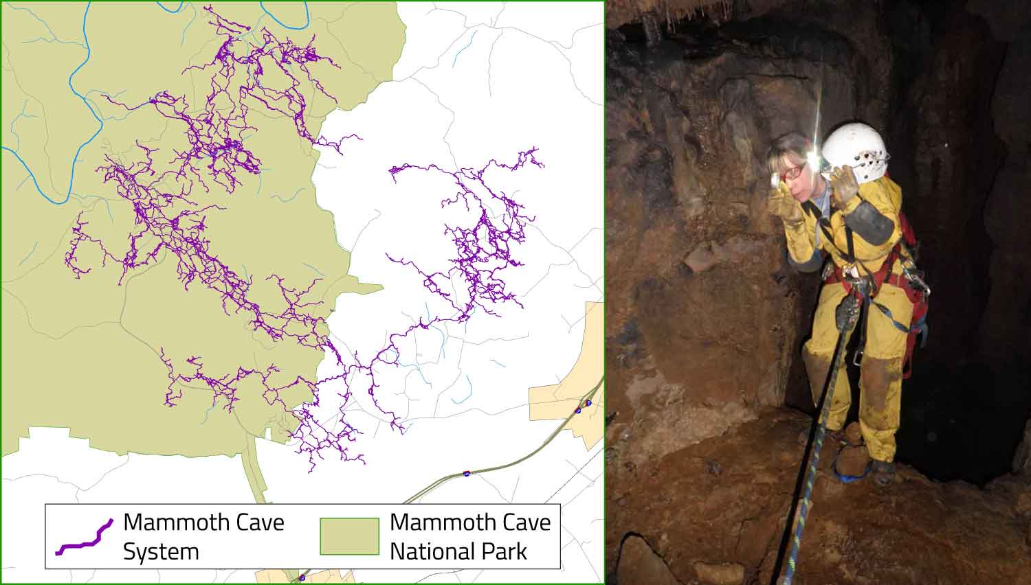 A map shows all the cave passages within and beyond Mammoth Cave National Park and a surveyor explores and maps one of the cave’s passages.